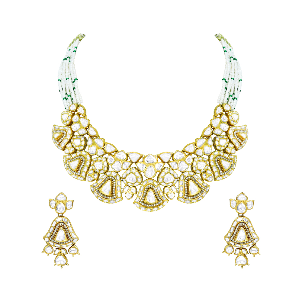Polki Necklace Set with Fan Motifs and Matching Drops
